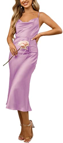 Women s Sleeveless Spaghetti Strap Satin Wedding Guest Party Dress Cocktail Evening Cowl Neck Backless Midi Formal Dresses… (S, Lilac Satin Dress)