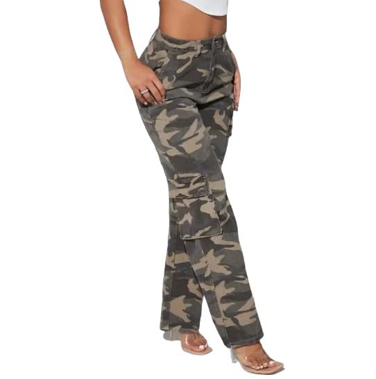 Women's High Waist Camouflage Cargo Jeans with Flap Pockets – Casual Loose Fit Straight Leg Denim Pants