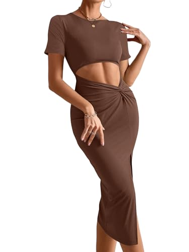 Image of Rooscier Women's Twist Cutout Waist Split Crewneck Short Sleeve Bodycon Midi Dress