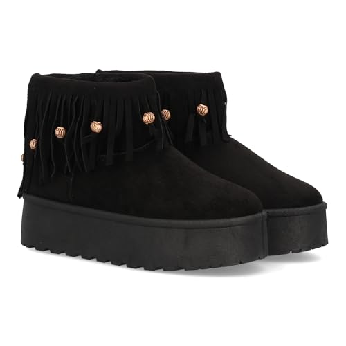 shoes&blues.es 98395 Botin Plano para Mujer con Plataforma, Estilo Australiano, Forrado de Pelo, Cana Decorada con Flecos Largos y Abalorios. Punta Redonda sin Cierre. Negro Talla 38