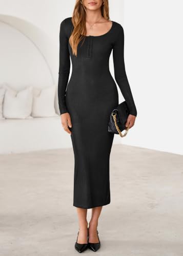 Lazysmile Women's 2026 Fall Long Sleeve Bodycon Maxi Dress Crew Neck Button Down Side Slit Knit Casual Dresses Black — view 5