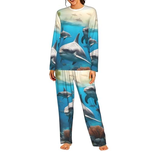Pyjama de nuit motif tortue de mer et dauphins ensemble deux pièces manches longues femme