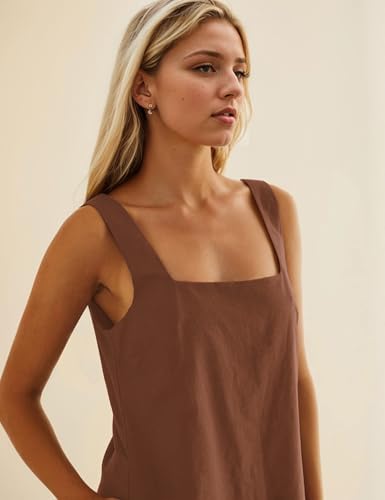 Image of Burtell Summer Sleeveless Cotton Linen Mini Dresses for Women Casual Square Neck Backless Short Dress Solid Tank Shift Dress