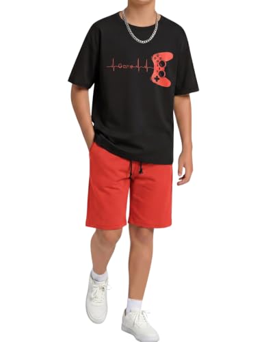 Image of Arshiner Boys Drop Shoulder T-Shirt & Drawstring Waist Shorts Summer Casual Outfits (5-12 Years)