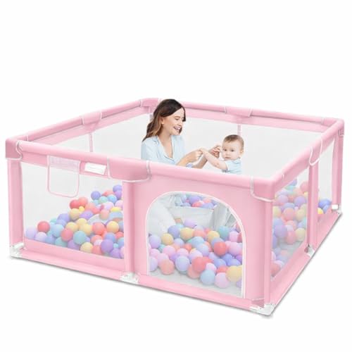 Image of ShivAnanta Baby Playpen for Home Indoor Kids Safety Play Fence with 30 Balls Mesh Play Area for 2+ Toddler Activity Zone Portable Baby Play Yard Anti Slip Child Play Space for Crawling Babies Secure Enclosure (Pink)
