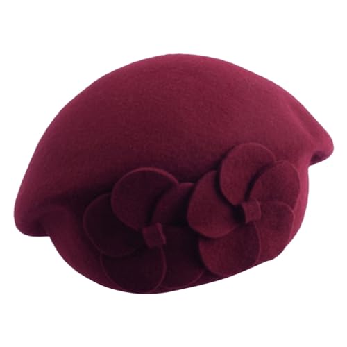 Boina de lana suave para mantener el calor, boina francesa de color sólido con decoración de flores, sombrero vintage para mujer, Vino, Talla única