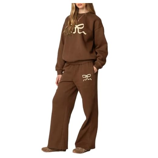 Aiwpstoin Bow Sweatsuits for Women Two Piece Tracksuit Graphic Oversized Hoodie Sweatshirt Sweatpants Sweat Set for Teen Girl (Dark Brown, M)