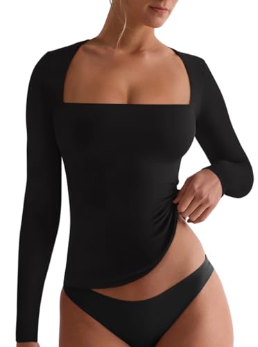 REORIA Fall Sexy Basic Square Neck Tops for Women Long Sleeve Double Lined Full Length Fitted T Shirts Tops