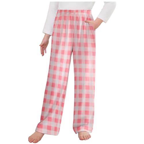 Girl's Plaid Print Pants Casual Elastic Waist Straight Leg Long Trousers with Pockets Soft Lounge Bottoms