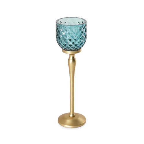Image of Pure Home Teal Diamond Cut Hurricane - Large| Size: 9 x 9 x 24 cm| Premium Hurricanes for Home Decor| Living Room & Decor Showpiece| Ideal for Diwali & Festive Gifting| Pack of 1| Perfect for Living