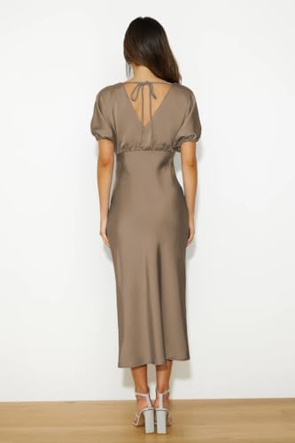 Image of Summer Satin V Neck Puffy Sleeves Empire Waist Midi Dresser Silk Sexy Tie Back Formal Cocktail Dresser for Women Wedding