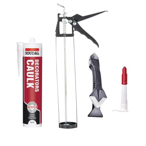 Decorators Caulk White Bundle: White Decorators Caulk Gap And Crack Filler Acrylic Silicone Adhesive Sealant 290ml, Skeleton Caulking Gun, Silicone Tool and Threaded Nozzle with Cap