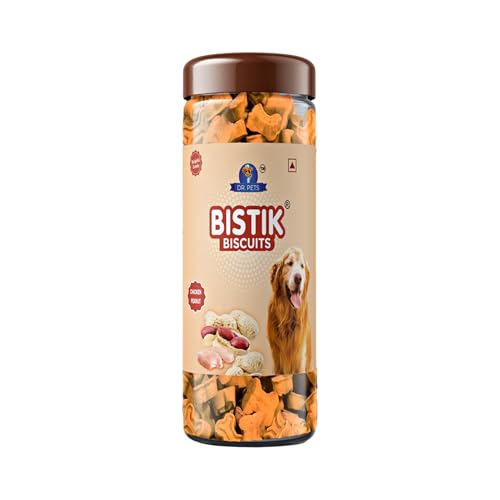 Image of Dr. Pets 450g Bistik Dog Biscuits | Chicken Peanut Flavour | Gluten Free Dog Treats for Puppies & Adult Dogs | Crunchy Daily Snack & Training Reward | Jar Pack