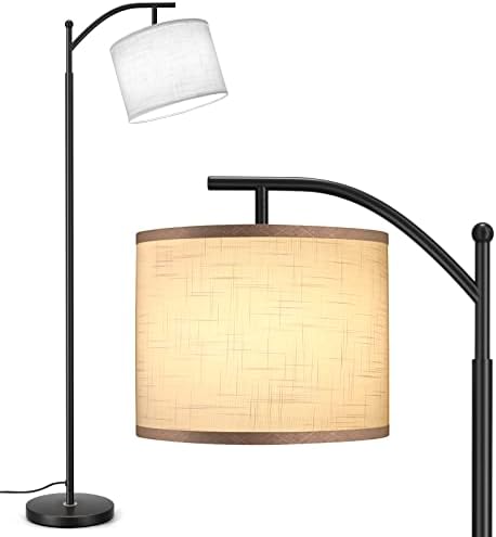 OUTON LED Floor Lamp, 3 Color Temperatures Modern Lamps, Adjustable Tall Standing Reading Lamp with Hanging White Linen Texture Shade for Living Room, Bedroom, Office, Black, LED Bulb Included