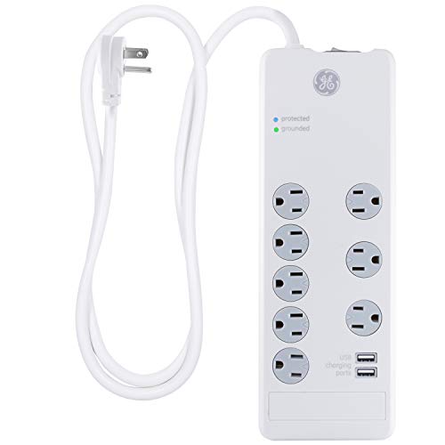 Exclusive Special GE Pro 7-Outlet Surge Protector, 2 USB Ports, 4 Ft Power Cord, 2100 Joules, 3 Adapter Spaced Outlets, Flat Plug, Twist to Close Safety Covers, Power Filter, Circuit Breaker, UL Listed, White, 14049