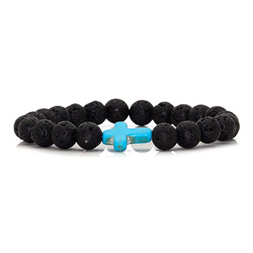 Image of Xusamss Fashion Religious Cross Bracelet 8mm Tiger Eye Turquoise Beads Elastic Bracelet,7 1 /2 wrist