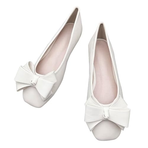 WENJIAZHIZHI Square Toe Bow Flats for Women Solid Color Low-Heel Slip-ons Cozy Soft Office Lady Dress Shoes