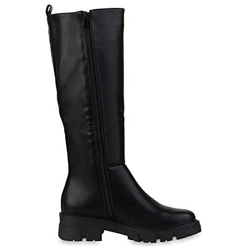 VAN HILL Damen Klassische Stiefel Blockabsatz Schuhe Profilsohle Boots Absatzschuhe Freizeitschuhe 201156 Schwarz Total 37