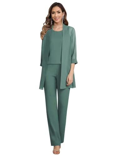 JAEDEN Damen Abendanzug Chiffon Hosenanzug 3 Teilig Festliches Hosenanzug mit Jacke Hochzeitsgast Outfit Pastellgrün 40