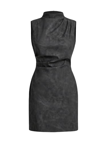 RoseSeek Women's PU Leather Ruched Bodycon Dresses Mock...