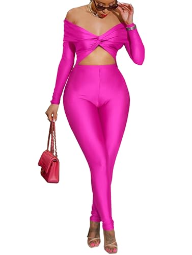 Atyfuniby One Piece Jumpsuits for Women - Sexy Off The Shoulder Twist Front Cut Out High Waisted Bodycon Rompers Club Night Outfits Hot Pink M