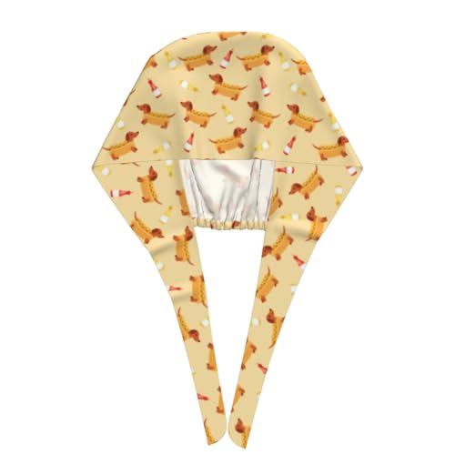 Image of Dachshund Hot Dog Working Cap Scrub Cap with Sweatband Adjustable Unisex Tie Back Hat for Cleaning Farm Nursing