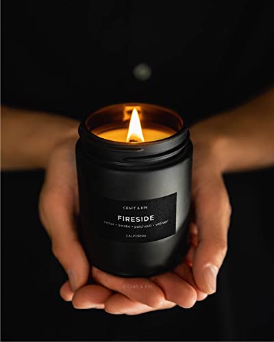Craft & Kin Premium Smoky Fireside Candle | Scented Candles for Men | Men Candles with Wood Wicked | Long Lasting with 45 Hour Burn Time - 7.6oz