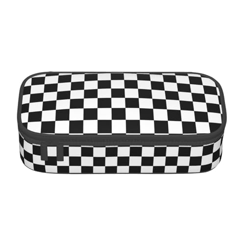 Image of Perinsto Black And White Checkered Pencil Case Big Capacity Multi Compartment Stationery Box Racing Checkerboard Pencil Pouch Holder Desk Organizer For School Office Home