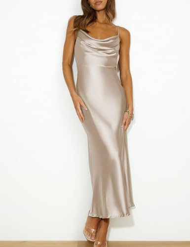 Image of Summer Satin Spaghetti Strap Cowl Neck Backless Midi Dresses for Women Elegant Tie Low Back Ruched Cocktail Dress