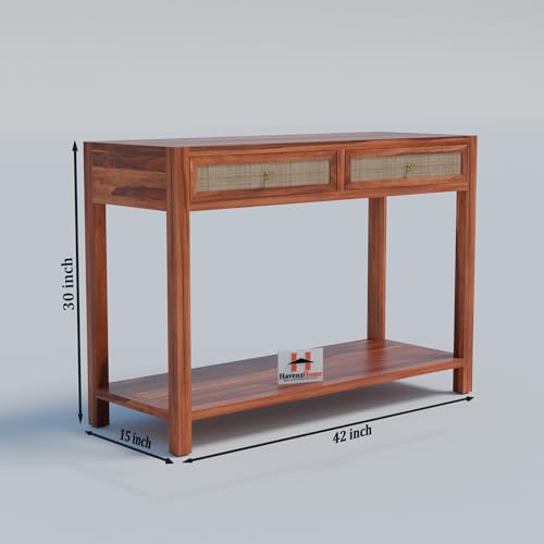 Image of Solid Wood Console Table with 2 Drawers & Bottom Shelf Storage for Living Room, Entryway, Hallway, Bedroom & Office | Honey Finish | 42 x 15 x 30 Inch