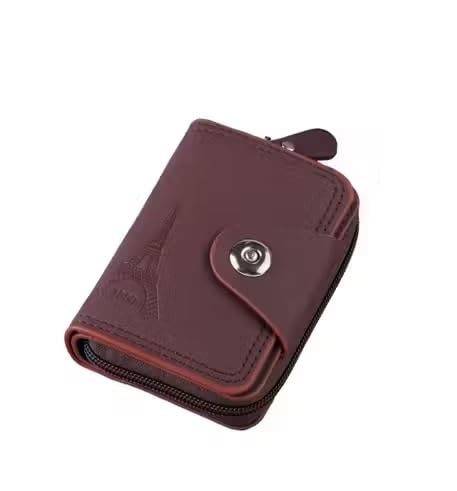 Women's Wallet with Eiffel Tower Design, Burgundy Leather Zip Around Wallet with Snap Closure-image-11