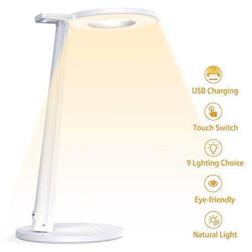 Dimmable LED Desk Lamp, Tesecu Eye-Caring Table Lamp with USB Charging Port, Touch