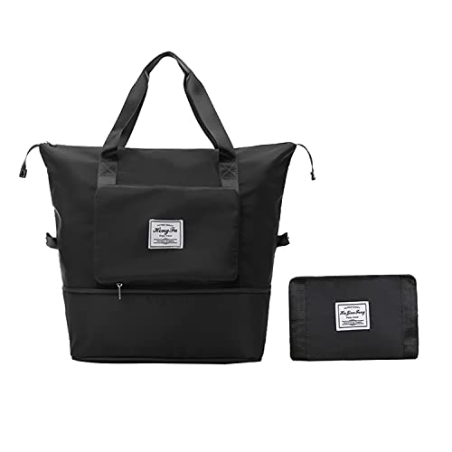 Intrbleu Foldable Expansion Travel Duffel Bag with Dry and Wet Separation, Lightweight Sports Tote Gym Bag, Weekender Overnight Bags for Women, Black