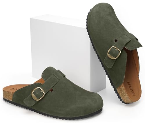 Image of ZUSERIS Suede Clogs for Women Men Wide Width Leather Mules | Soft Cork Footbed,Arch Support,Comfort Potato Shoes