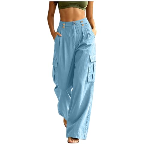 Pantalones Mujer Verano Lino de Algodón Casuales Fluido Largo Pantalones de Trabajo Cintura Alta Elástico Pantalón Comodo Anchos Yoga Pantalón con Bolsillos Ocio Casual