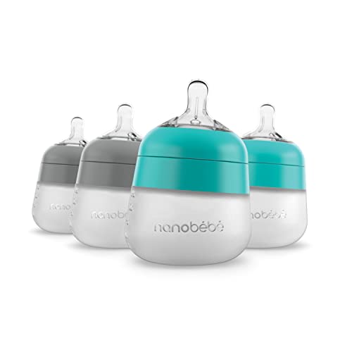 Image of Nanobébé Flexy Silicone Baby Bottle, Anti-Colic, Natural Feel, Non-Collapsing Nipple, Non-Tip Stable Base, Easy to Clean 4-Pack, Grey/Teal, 5 oz