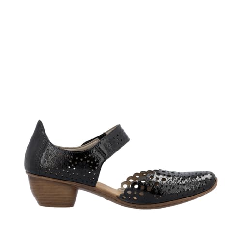 Rieker 43753 Mirjam Women's Mary Jane Heels - Low-Heel Leather Shoes with Adjustable Ankle Strap & Laser-Cut Design - Comfortable Women’s Heels for Casual & Dressy Wear Nero/Black 8.5-9 M US2