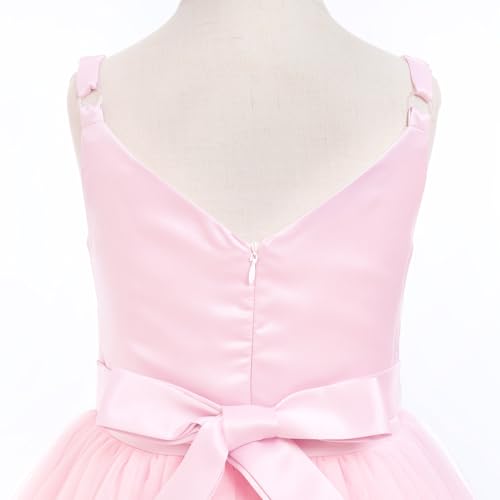 OBEEII Flower Girl Dress for Wedding Pleated V Neck Satin Back Bow Tulle Princess Dress Junior Bridesmaids Birthday Pageant Formal Ball Prom Gown Pink 6 Years by OBEEII - Image 6