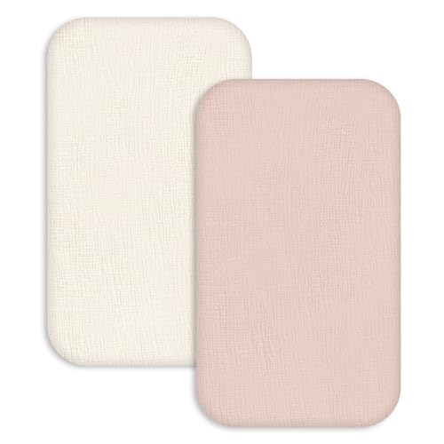 Image of Muslin Bassinet Sheets 2 Pack, Soft Breathable Fitted Sheets for Bedside Sleeper Bassinet, 33x20 Inch, Snug Fit Baby Bassinet Mattress Cover for Newborn Boys Girls (Gentle Colors)