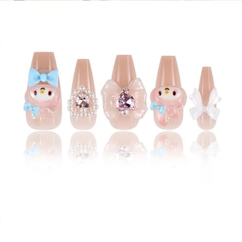 24Pcs Nude Press on Nails Medium Square Fake Nails Glossy Glue on Nails with 3D Kawaii Heart Bow Charms Design French Stick on Nails Cute False Nails Artificial Acrylic Nails for Women Girls Manicure - Image 6