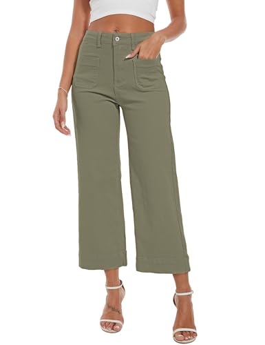 DAOAO Green Pants Women Wide Leg Jeans Woman Cropped Teacher Pants High Waisted Stretchy Trendy XXL