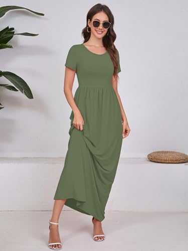 Image of DEARCASE Maxi Dress for Women Short Sleeve Casual Summer Loose Plain Comfy Long Dresses with Pockets