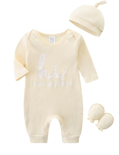 KIDDLETOWN Mono para bebé recién Nacido de Manga,Juego de 3 piezas Bebé Niñas Niños Pijama,Bebé Pijamas con sombreros y guantes, Recién Nacido Monos Niños Infantil Pijamapor 0 3 Meses