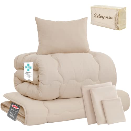 Zdeysun 布団セット シングル 7点セット 抗菌 防臭 洗える オールシーズン 【中綿超増量1.6kg掛け布団】【高密度固綿いり 三層敷布団】【フィット枕】【布団カバー3点・収納ケース付き】柔らかな肌触り 寝具セット 軽量 通気 SEK認証 アレルギー対策 一年中使える 組布団セット 新生活応援（ベージュ）