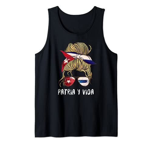 Patria-y-Vida Cuba Flag Tee, Women Mom Messy Hair Bun Cuba Camiseta sin Mangas