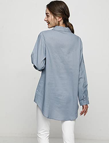 Minibee Women's Linen Blouse High Low Shirt Roll-Up Sleeve Tops Blue L #TOP3