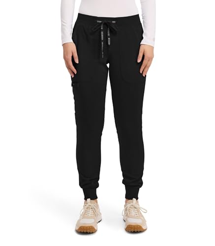 Med Couture Scrub Pants for Women Cargo Jogger Bottoms with 5 Pockets, Lightweight, Ultra Soft, 2-Way Stretch Fabric - MC7710, L Tall, Black