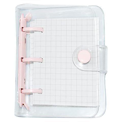 Mini 3 Ring Binder, Loose Leaf Notebook Covers Clear PVC Mini Journal Folder 3-Hole Refillable Notebook Pocket Size for Travel Diary School Scrapbook Pink(80 Grid Pages + 3 Bags+ 8 Title Pages) Cover