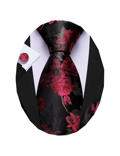 Image of Barry.Wang Flower Ties for Men Silk Woven Floral Tie Sets Necktie Handkerchief Cufflinks Wedding Party