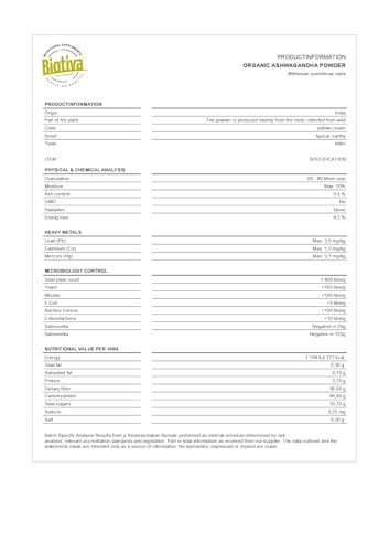 Foto von Ashwagandha Pulver Bio 250 g - Schlafbeere, Winterkirsche - Withania somnifera - Fein gemahlen & schonend getrocknet - Beliebt in Ayurveda & Yoga - Ohne Zusätze - DE-ÖKO-005 - Biotiva